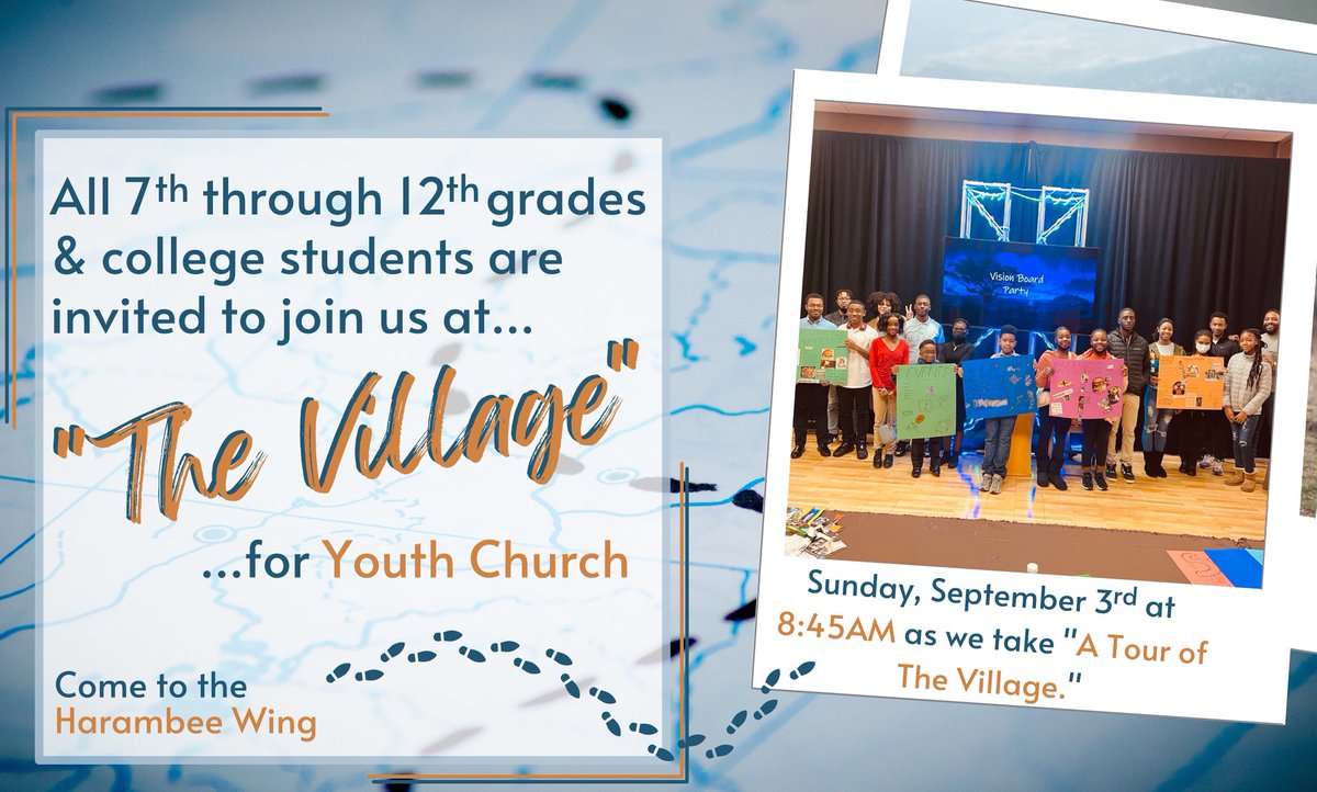 Join us Sunday, September 3rd at 8:45am for Youth Church as we take “A Tour of the Village”! All 7th through 12th grades and college students are invited to join! Meet us in the Harambee Wing! See you there 👏🏾👏🏾 #MEBC #MtEnnon #YouthChurch
