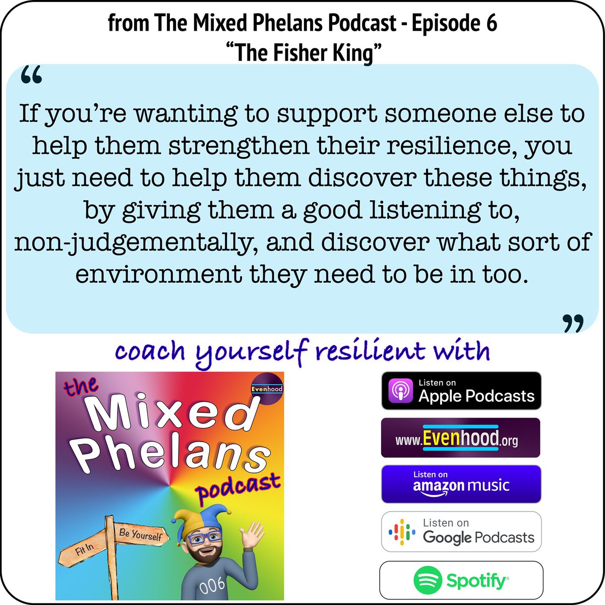 Coach yourself resilient. Free podcast. No ads. No sales. No subscribe. Just you and guided coaching. Give it a whirl - you’ve got resilience to gain and nothing to lose. #Resilient #Wellbeing #BeYourself #Evenhood #MentalHealth podcasts.apple.com/gb/podcast/mix…