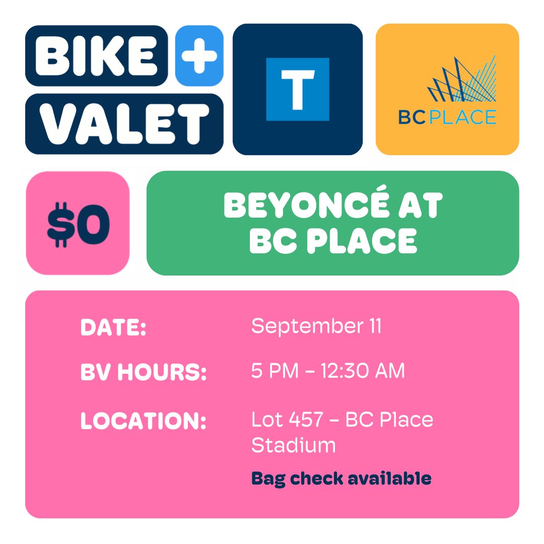 TheBicycleValet's tweet photo. It’s time to get into the ‘VIRGO’S GROOVE’ because Beyoncé’s Renaissance Tour is here. 

Bring your ‘ENERGY’ out to BC Place and bike to the concert with our Bike Valet service operating out of Lot 457. Spots are limited so come early and check your bags while you’re at it 🚲 https://t.co/lLcxxlvH3H