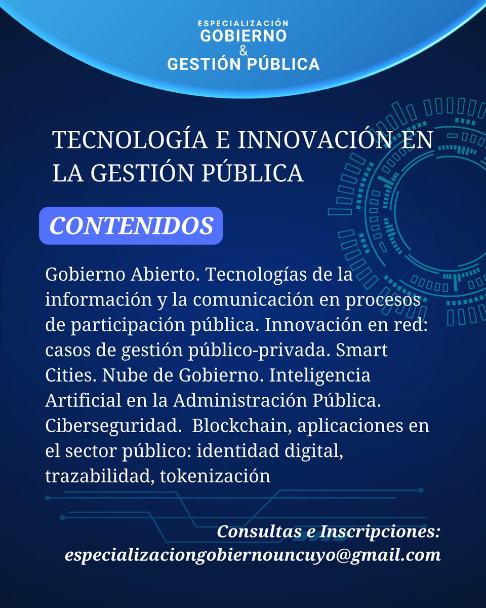 Especialización en Gobierno y Gestión Pública (@posgradogestion) on Twitter photo Compartimos los contenidos que se desarrollarán en el Seminario Tecnologías e Innovación en la Gestión Pública.
📆7, 8, 9, 14 y 15 de Septiembre
💻Modalidad Virtual
Aún estás a tiempo de inscribirte, ¡Aprovechá!
Consultas e Inscripciones: especializaciongobiernouncuyo@gmail.co Compartimos los contenidos que se desarrollarán en el Seminario Tecnologías e Innovación en la Gestión Pública.
📆7, 8, 9, 14 y 15 de Septiembre
💻Modalidad Virtual
Aún estás a tiempo de inscribirte, ¡Aprovechá!
Consultas e Inscripciones: especializaciongobiernouncuyo@gmail.co