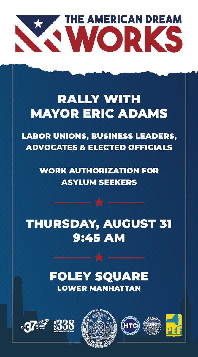 TOMORROW join @NYCMayor and advocates to rally for work authorization for asylum seekers. The #AmericanDreamWorks rally is at 9:45 am in Foley Square. Come support asylum seekers and the American dream.