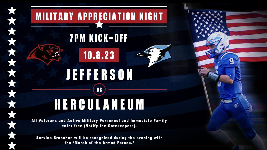 Alex Rouggly (@r7principal) on Twitter photo The Jefferson R-7 School District is honored to invite all Military Personnel, who have or currently are serving in the Military, to our September 8th football game against Herculaneum for Military Appreciation Night.  We are looking forward to a great night! The Jefferson R-7 School District is honored to invite all Military Personnel, who have or currently are serving in the Military, to our September 8th football game against Herculaneum for Military Appreciation Night.  We are looking forward to a great night!