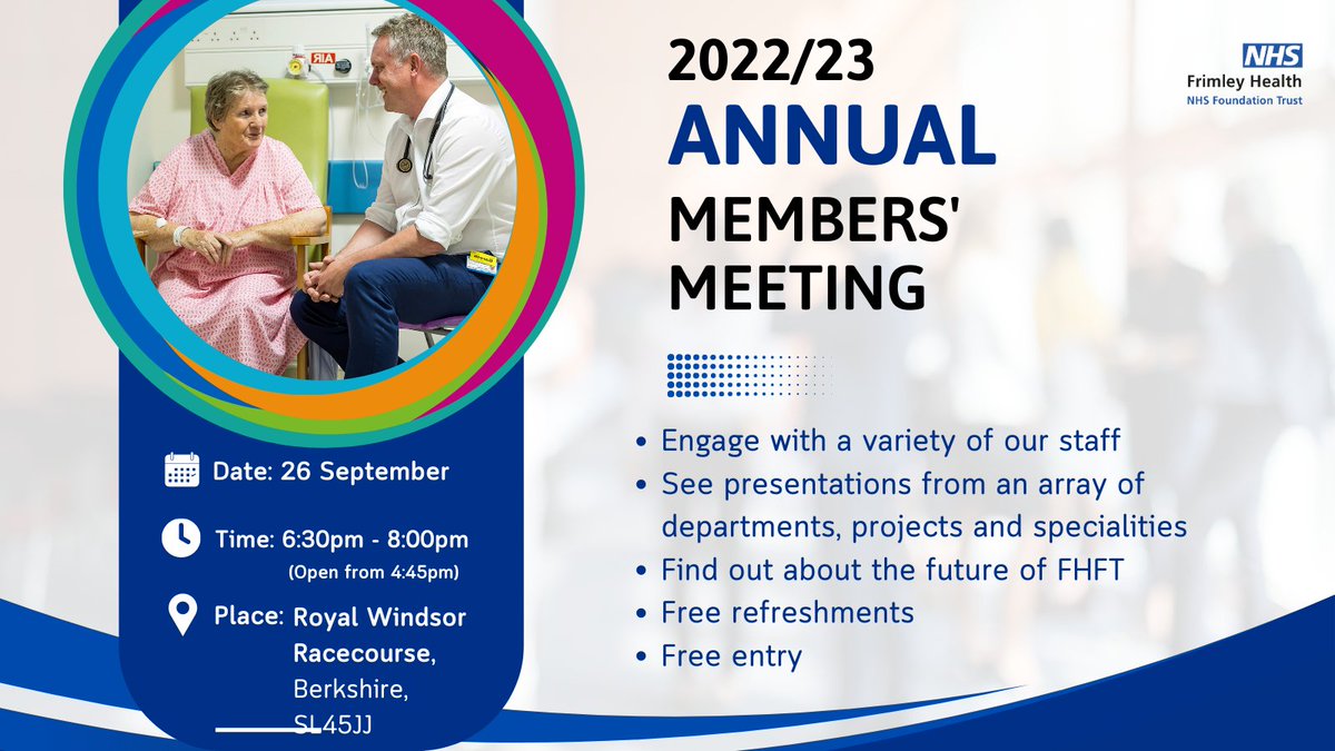 👥 Annual Members' Meeting 📅 Tuesday 26 September 2023 🕡 6:30pm Meet and engage with staff, find out about recent developments in various departments, projects and specialities, and hear about the future of #FrimleyHealth 💙 Register now ➡️ bit.ly/3YEJkkw