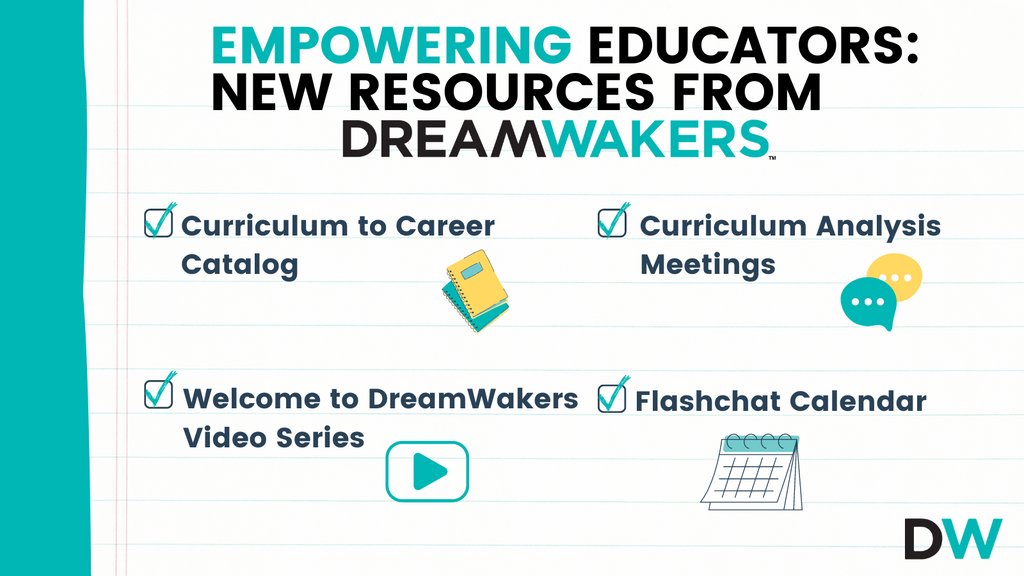 Check out our August blog and Discover our new resources for planning and organizing fantastic flashchats all year round!🤩
📖 NEW: Curriculum-to-Career Catalog​
🗓️ Flashchat Calendar​
💻 NEW: Curriculum Analysis Meetings​
📹 NEW: Welcome to DreamWakers Video Series