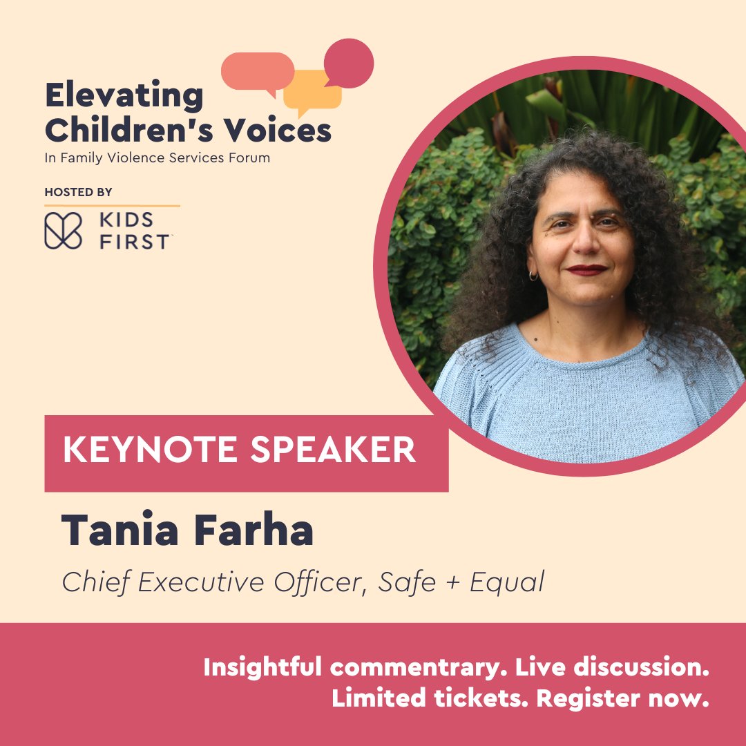 Tania Farha, CEO of @safe_and_equal will respond to our thought-provoking panel question: 'Are children at the centre of our current family violence responses?' at Elevating Children's Voices this October. Get your ticket: kidsfirstaustralia.org.au/ecvifvs/ #familyviolence #youthwork