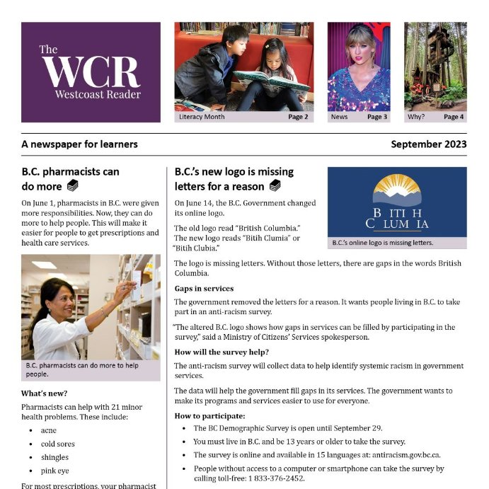 WestcoastReader's tweet image. The September 2023 issue of The Westcoast Reader is out! 
It has articles about why BC has palm trees and a Rambo statue;  a brave pig; Literacy Month contest; B.C. anti-racism survey, a summer news quiz and more!

Subscribe at: thewestcoastreader.com

#AdultLiteracy #Literacy