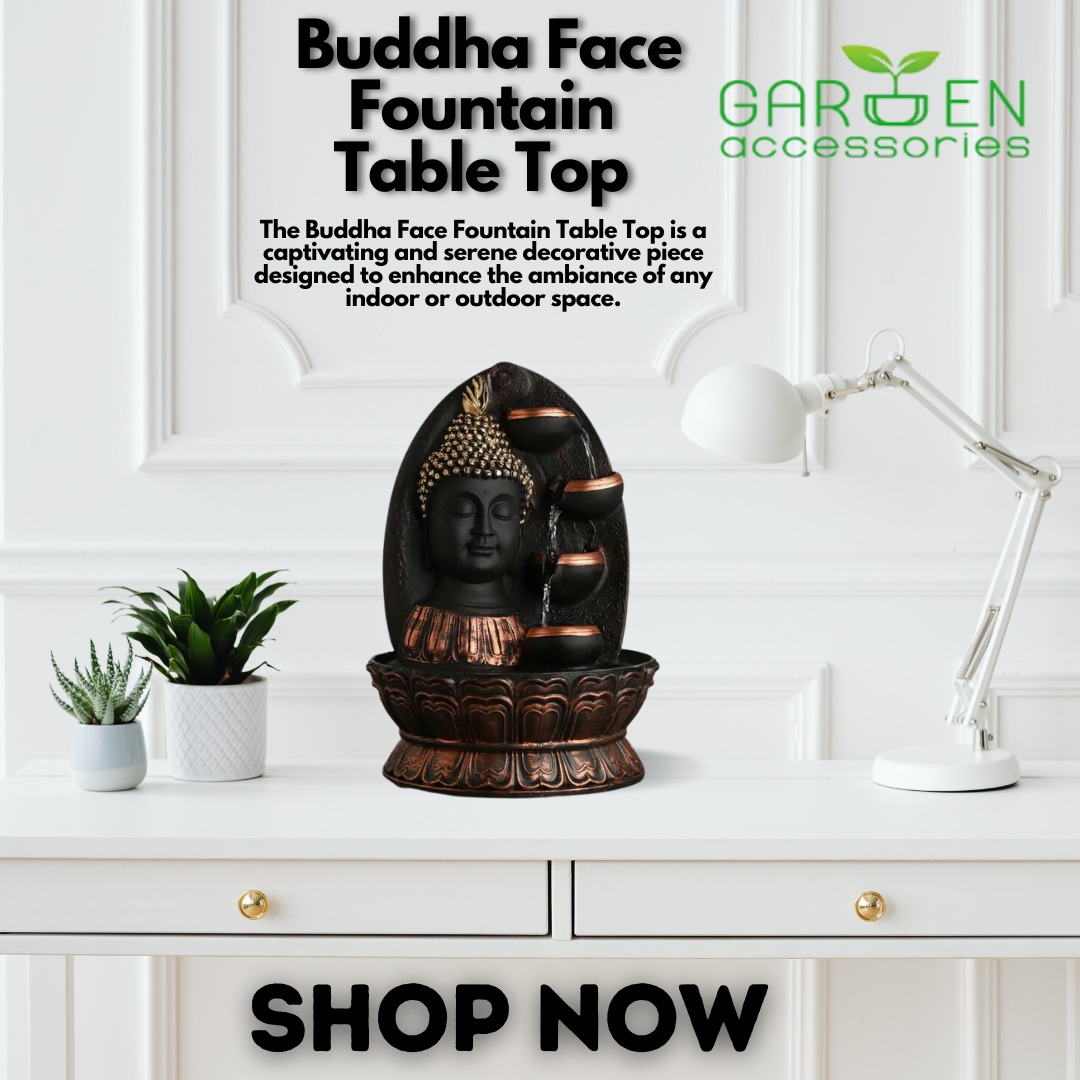 Garden Accessories | Buddha face fountain tabletop. let tranquility flow through your home as you gaze upon this work of art. Elevate your decor and your spirit. #gardenaccessories #gardenaccessoriesproducts #BuddhaFountain #ZenDecor #TabletopBliss #PeacefulSpaces #buddhafounatin