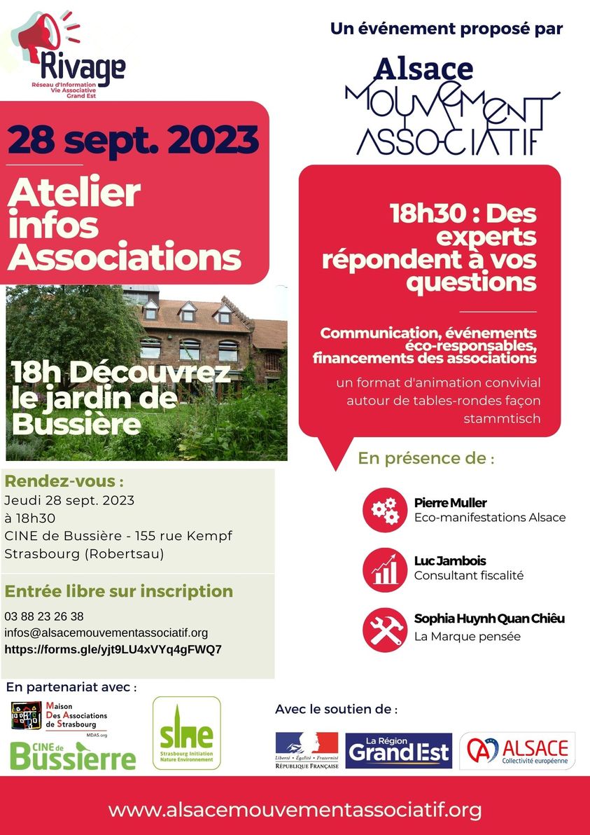 Alsace Mouvement associatif propose un Atelier infos associations le jeudi 28 septembre 👇
3 spécialistes du secteur associatif répondent aux questions dans les domaines suivants : communication, événements écoresponsables, financements. Sur inscription : forms.gle/yjt9LU4xVYq4gF…