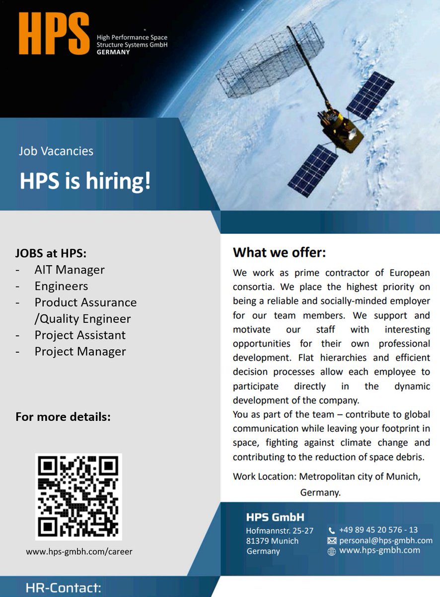💼 HPS is hiring! 💼
We need
- AIT Manager
- Engineers
- Product Assurance/Quality Engineer
- Project Assistant
- Project Manager

Have a look at our Homepage for more information:
📲 lnkd.in/eU9HVqtz
We also welcome initiative applications!
#KMU #spacejobs #spacecareers