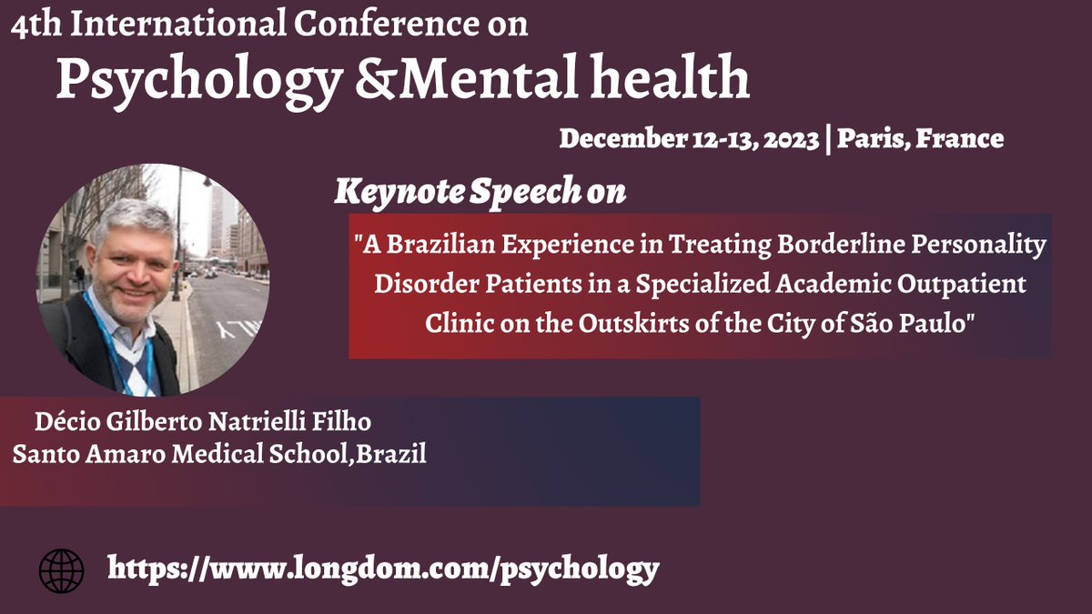 Meet our experts at International Conference on #Psychology &amp; #Mental_Health which is the globe to the prestigious event on December 12-13, 2022 in #Paris#France.
Website: lnkd.in/dQ4urGj4
Email: psychology@longdomglobal.com
WhatsApp us: +441656458219
 #psychologists