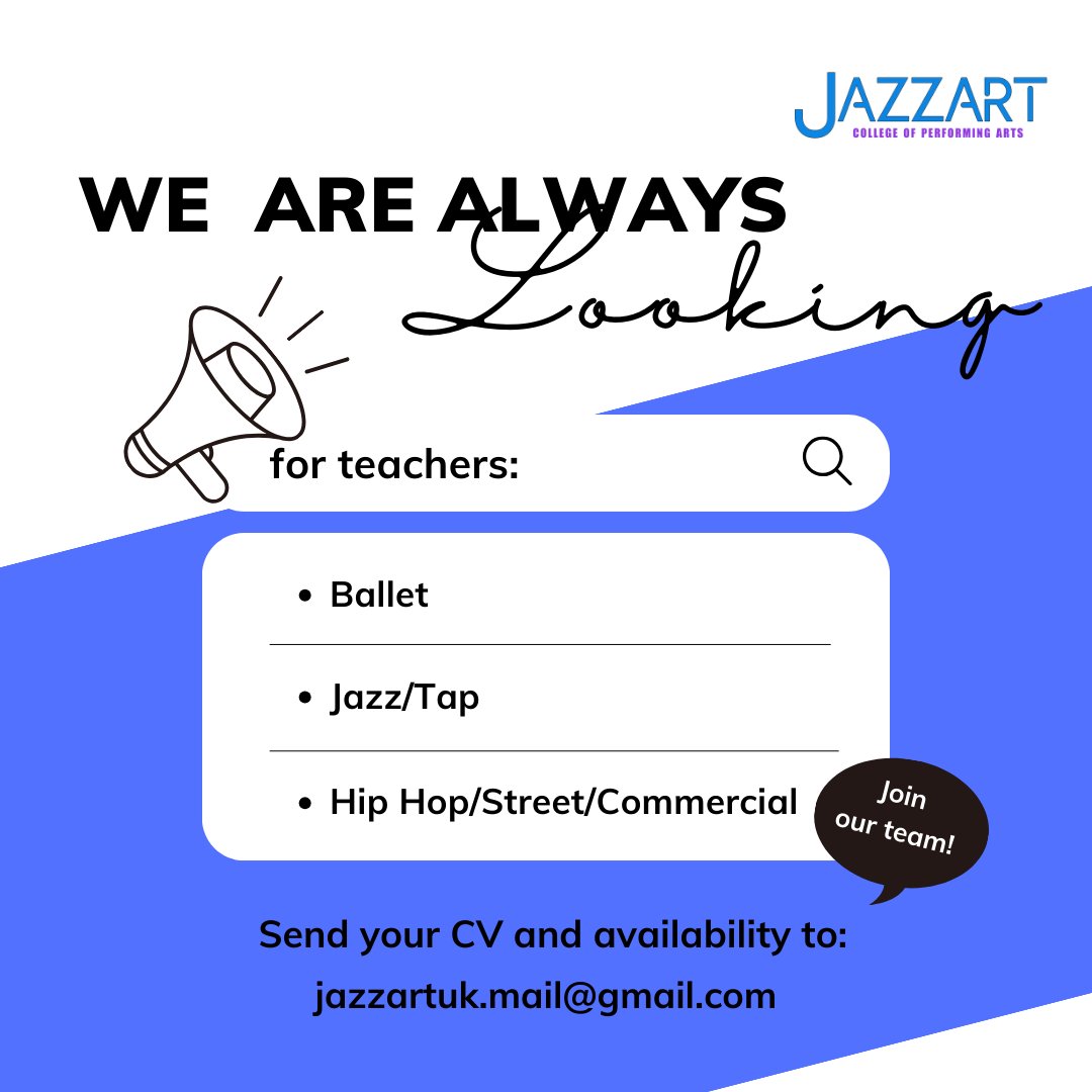 We are always looking to add to our Teaching teams... Our Students are 3 to Diploma... Pop your CV and availability to Jazzartuk.mail@gmail.com

#dance #dancejob #dancevacancy #danceteacher #danceteacherwanted #northlanarkshire
