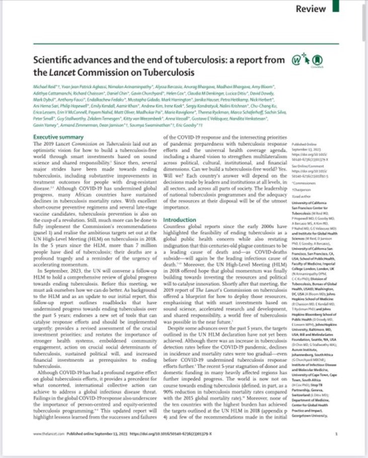 Scientific advances and the end of tuberculosis: a report from the Lancet Commission on Tuberculosis executive summary. We have a long way to go to achieve the 2025 &amp; 2030 goals. But it can be done - we need to follow the science. 
thelancet.com/journals/lance…
