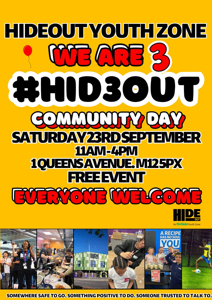 HideOut_YZ's tweet photo. HIDEOUT'S COMMUNITY DAY 🥳 🎈
HideOut is turning the big 3️⃣ and we want to celebrate with the community - everyone is welcome!
🗓️ Saturday 23rd September, 11am-4pm
📍 HideOut Youth Zone, 1 Queens Avenue, M12 5PX
🎟️ FREE EVENT!
#Manchester #HID3OUT https://t.co/ZjRAhPCEpJ