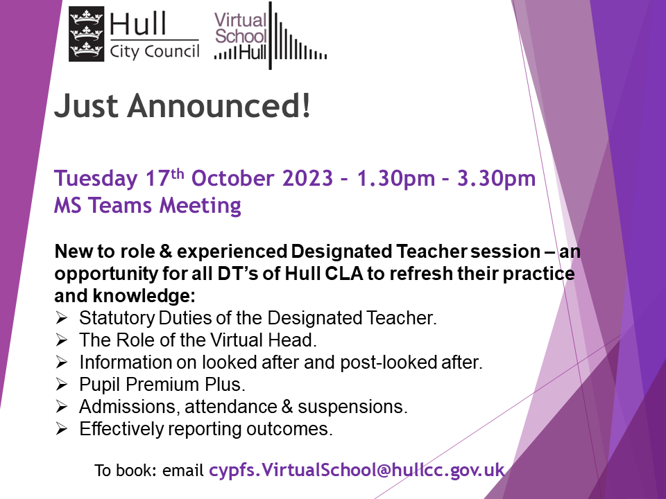 Hull Virtual School (@hullvirtualschl) on Twitter photo Just announced! 📢 Hull development session for all Designated Teachers, new and experienced, to discuss the roles and responsibilities of the DT and how that ties in with us, the Hull Virtual School 👋
Simply email cypfs-virtualschool@hullcc.gov.uk to book on! 👍 Just announced! 📢 Hull development session for all Designated Teachers, new and experienced, to discuss the roles and responsibilities of the DT and how that ties in with us, the Hull Virtual School 👋
Simply email cypfs-virtualschool@hullcc.gov.uk to book on! 👍