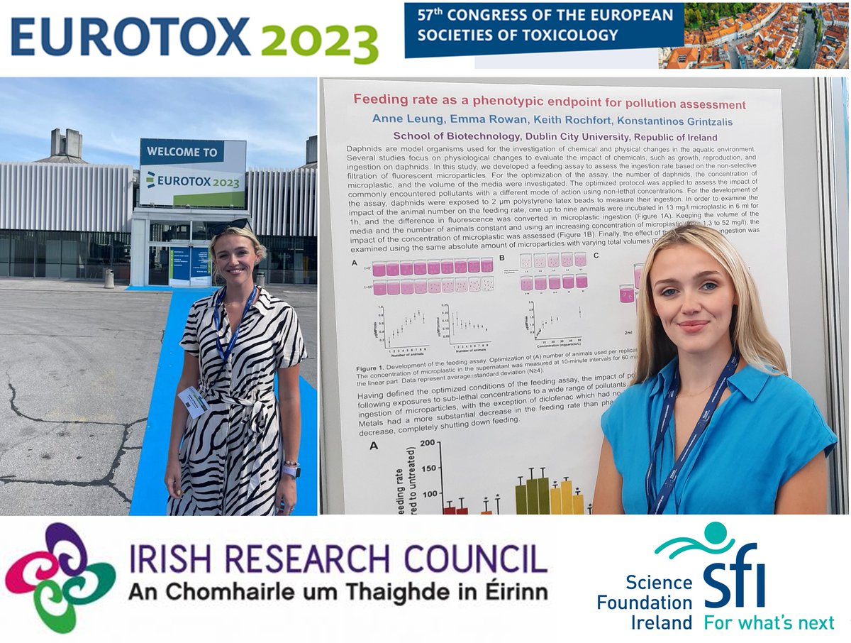 Katie O’Rourke funded by @IrishResearch @scienceirel attended the @EUROTOX2023 to present her findings on the impact of pollutants on freshwater species. #SystemsToxicology and NAMs are key approaches to revolutionise risk assessment to predict early pollution.