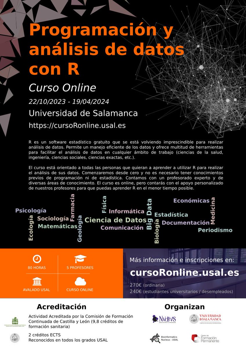 5ª Edición del curso "Programación y análisis de datos con R" en el que os ayudaremos a iniciaros con R para analizar vuestros datos.  <a href="/usal/">Universidad de Salamanca</a>  <a href="/R_Hisp/">Comunidad R Hispano</a>  <a href="/FPermanenteUSAL/">Formación Permanente USAL</a> <a href="/LatinR_Conf/">LatinR</a> <a href="/R4DS_es/">R para Ciencia de Datos</a> <a href="/RHablamos/">Hablamos R</a>