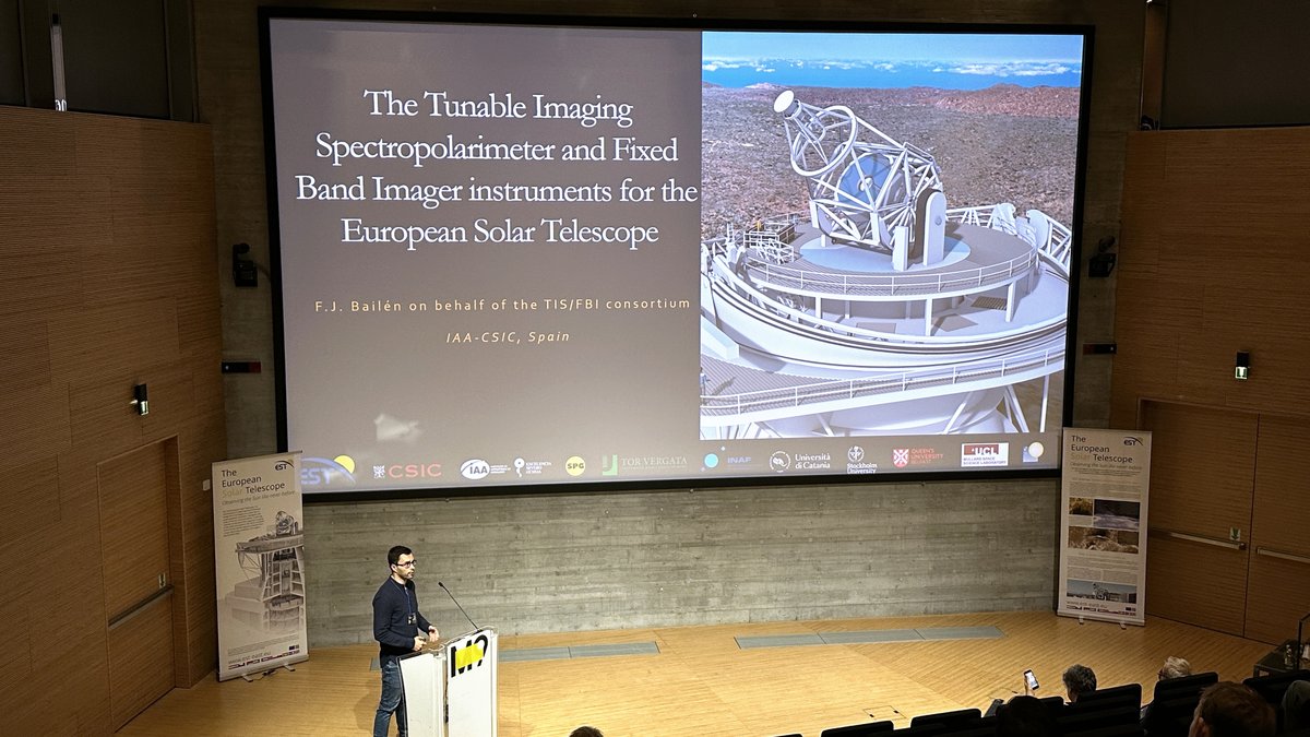 estsolarnet's tweet image. Presentations on the European Solar Telescope continue at the international #SOLARNET conference 'Sun in Science and Society'. Today, our colleagues Bailén, Munari and Gallieni shared further details about the instruments, design and technical requirements of EST☀️🔭