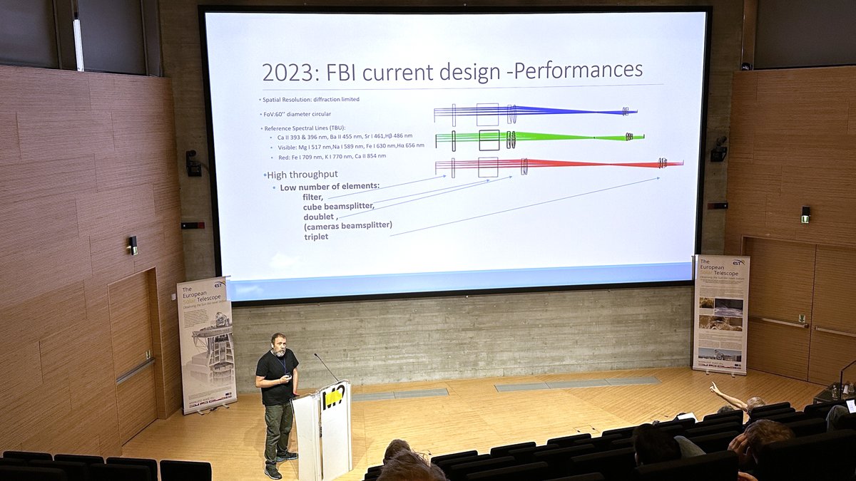 estsolarnet's tweet image. Presentations on the European Solar Telescope continue at the international #SOLARNET conference 'Sun in Science and Society'. Today, our colleagues Bailén, Munari and Gallieni shared further details about the instruments, design and technical requirements of EST☀️🔭