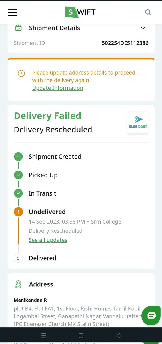 ManikandanVoice's tweet photo. @goswiftHQ  tracking number: 502254DE5112386
No one contacted and not delivered
Very disappointed
@BlueDart_
@BlueDartCares https://t.co/YZwGgmkxzg