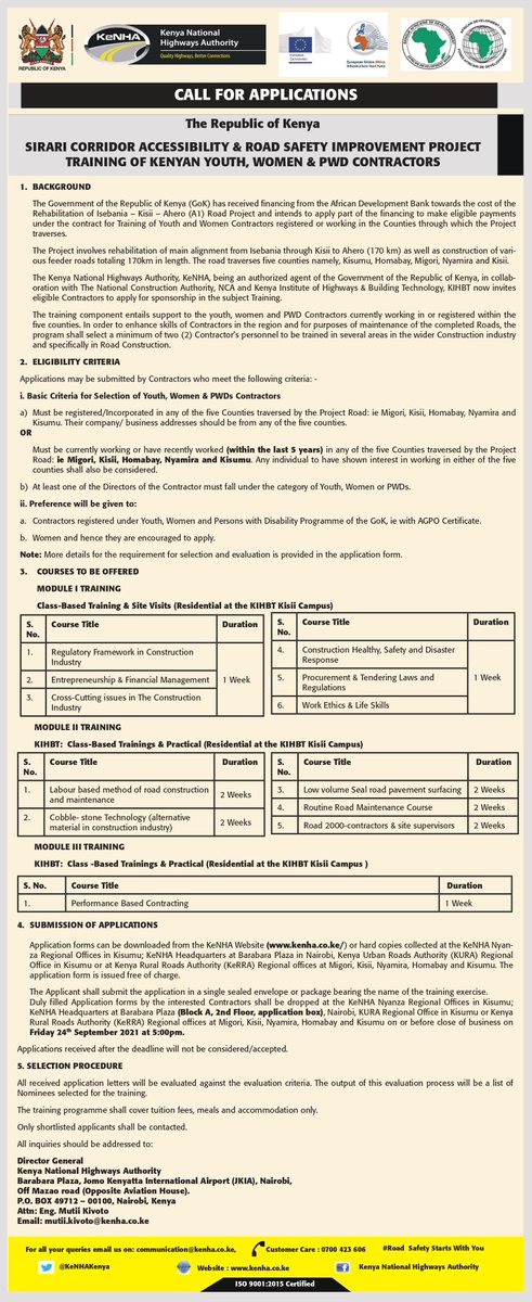 Register for the Sirari Corridor Accessibility &amp; Road Safety Improvement Project Training of Kenyan Youth, Women &amp; PWD Contractors CPD program by KIHBT. See poster for details.