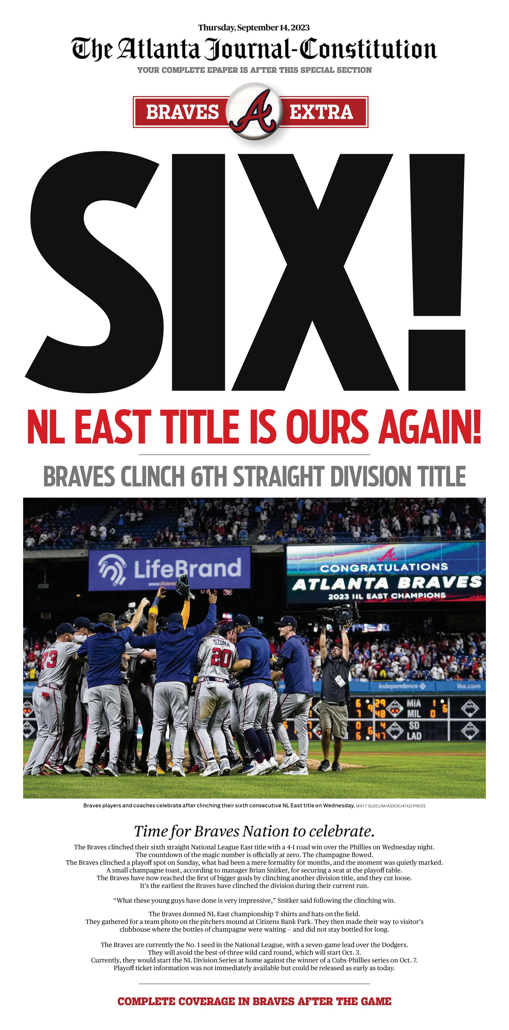 Atlanta Braves clinch sixth consecutive division title 