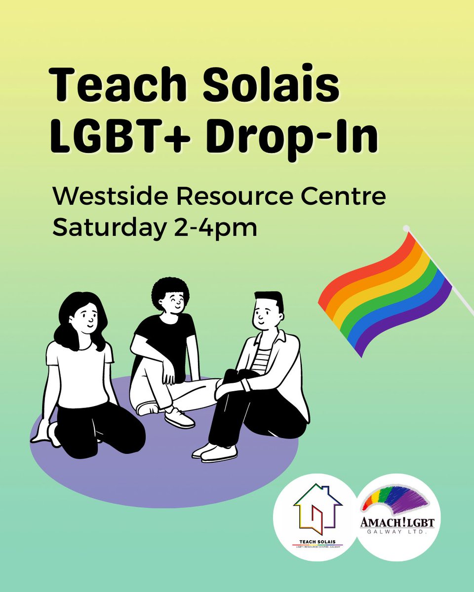 Drop-in is back in person this Saturday the 16th September! ☀️ Call in between 2-4pm at Westside Resource Centre, Seamus Quirke Rd, H91 C1KX 🌈 

Have a cuppa and a chat in a casual social space for LGBTQ+ people, people who are questioning and allies 🏳️‍🌈