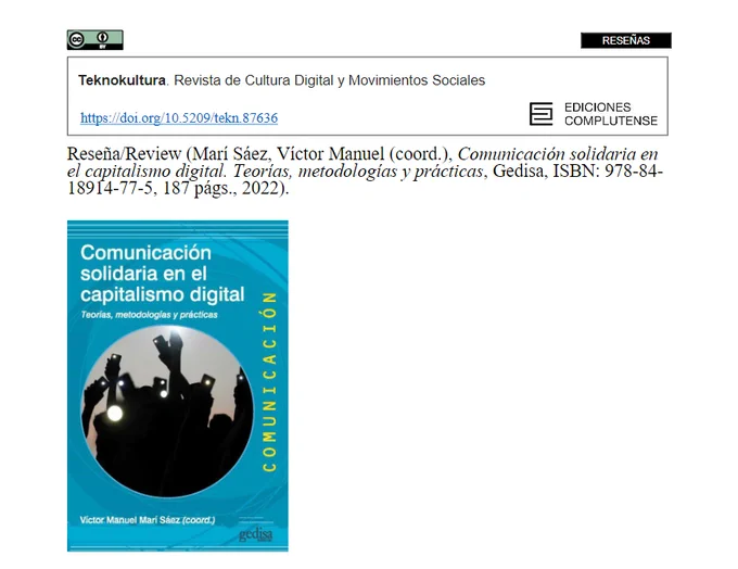 #DigicomNoticia: La revista Teknokultura publica una reseña del libro de Gedisa del proyecto
@Digicom2030🙌@sonia_herrera_s
digicom2030.uca.es/la-revista-tek…