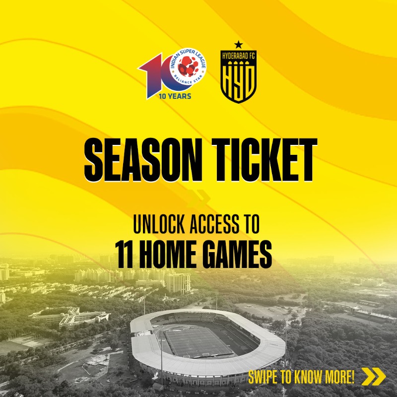 HydFCOfficial's tweet photo. 💥 The wait is finally over, Hyderabad!

The HFC Season tickets are now live 😍😍😍

Be part of the journey and show #TheNawabs your love at the Maidaan, every game 👊

#ISL10 #WeAreHFC #మనహైదరాబాద్ #HyderabadFC 💛🖤
