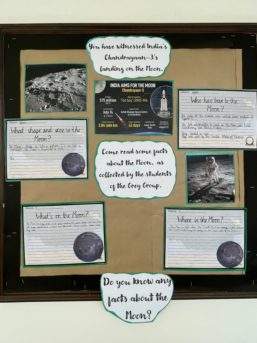 Yamini_2401's tweet photo. Students of #GreyGroup displayed facts about the moon from their read of a @RuthMiskinEdu’s non fiction book. Loved how they connected it with India’s latest mission to the Moon! #Year4 ‘s budding writers in the making! @TBS_Delhi https://t.co/6ivBvDg7vC