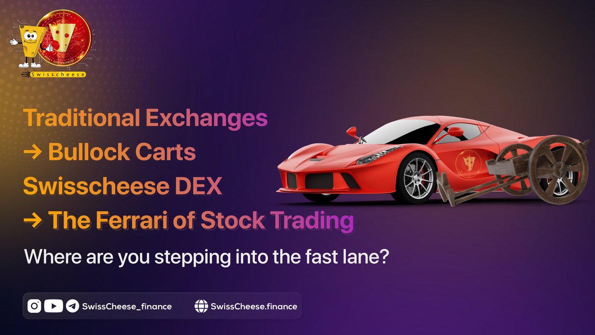 Swisscheese_fn's tweet image. Trade at Ferrari speed with #SwisscheeseDEX! 🏎️ 
Leave the bullock cart pace of traditional exchanges behind. 
It&apos;s time for innovation, efficiency, and unprecedented financial success. 
Visit swisscheese.finance today to get started
#FerrariofTrading #RevolutionInTrading