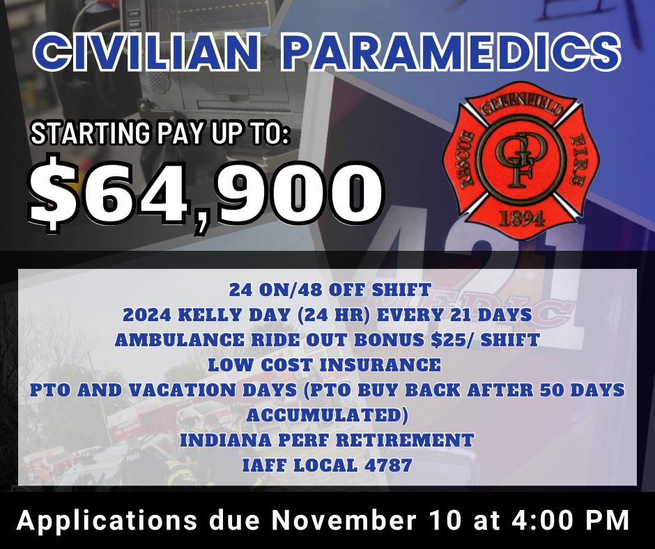 Now hiring licensed civilian paramedics! 
Use the link to fill out an application today! 

greenfieldin.org/government/fir…