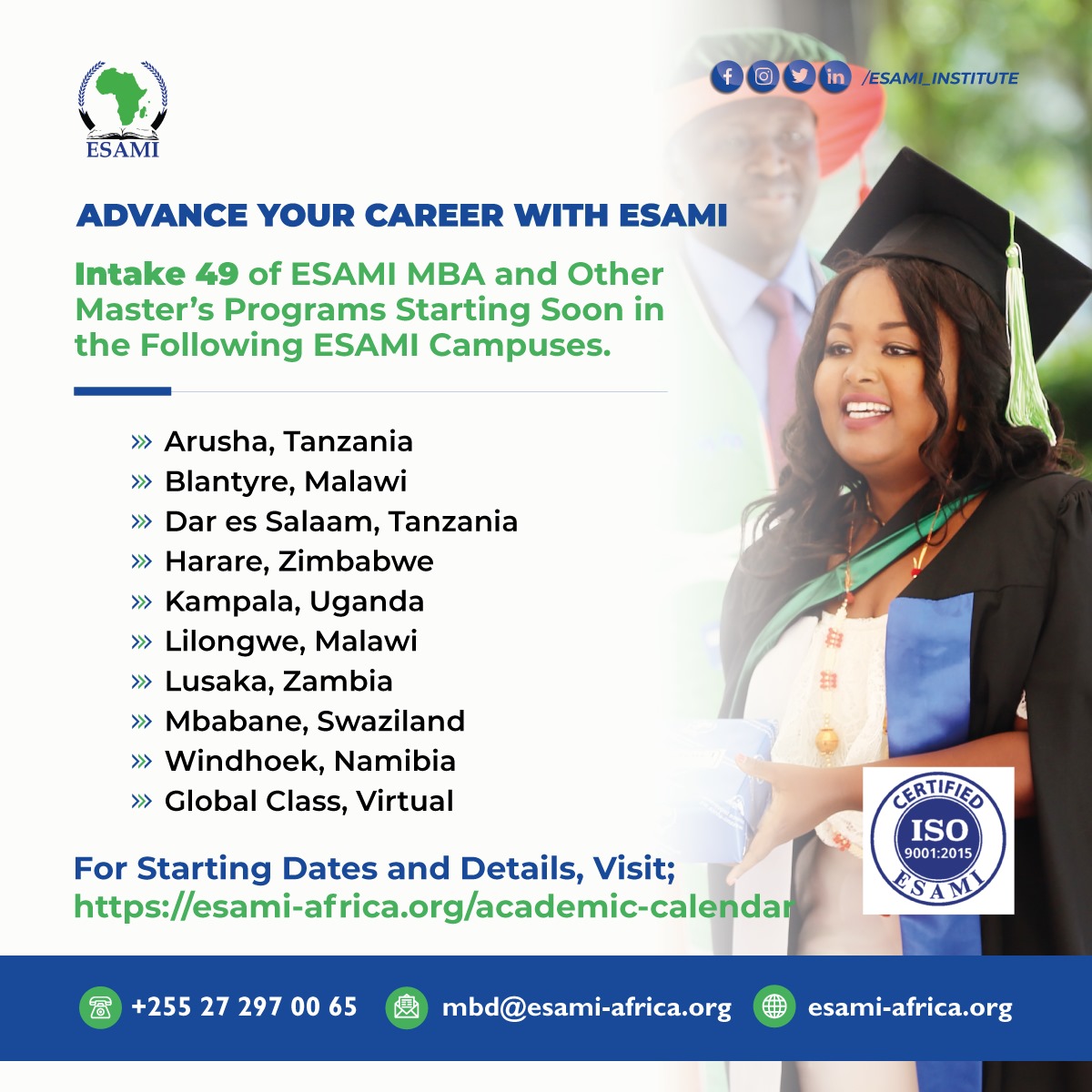 📣 Announcement: ESAMI Masters’ Intake 49 starting soon!  
ESAMI campuses are strategically located across different countries, bringing education closer to you. To stay informed about the array of 🎓Academic programs, start dates and venues for the master’s programs, we