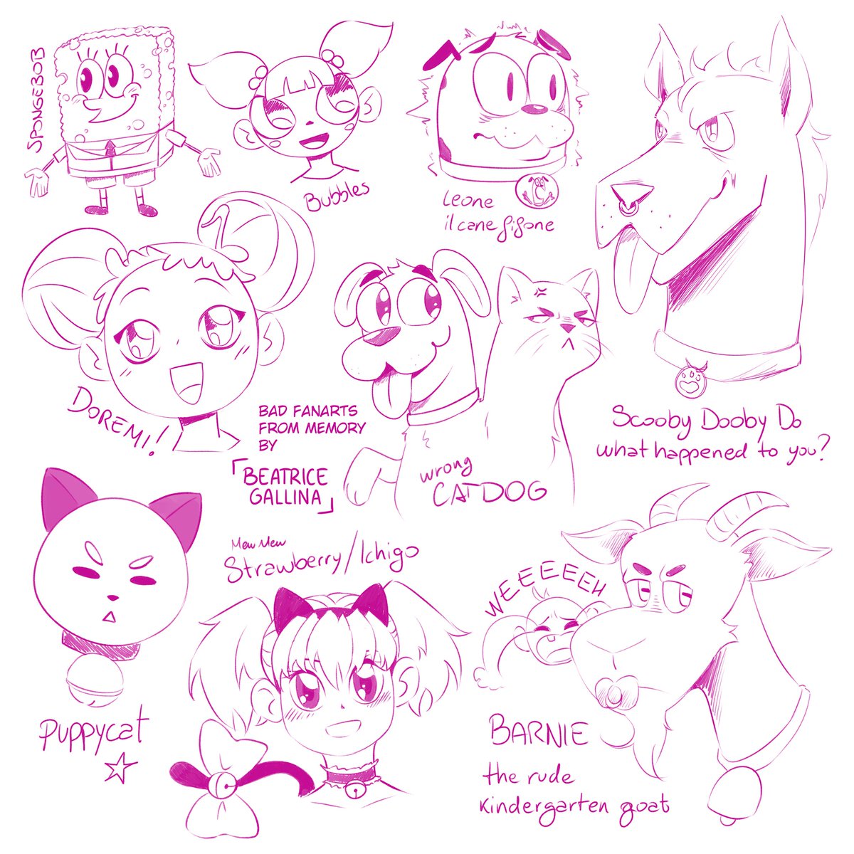 beagallina's tweet photo. Cartoon characters from memory (plus a very rude irl goat).
My memory failed me...

#fanart #drawing #childhood #doodles #sketches https://t.co/IBzKgkXQeN