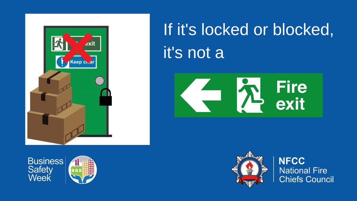 If it’s locked or blocked, then it’s not a fire exit. ❌ Check fire exit doors are not blocked or obstructed from the inside or outside, and ensure they're clearly signed and lit. #BusinessSafety23