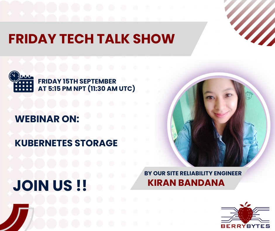 zeronecloud's tweet image. Join us for a thrilling episode of the Friday tech talk show, as we explore the subject of &quot;Kubernetes Storage&quot; with Kiran Bandana.

Date: 15th September 2023
Time: 5:15 PM NPT (11:30 AM UTC)
Google Meet link: meet.google.com/xuk-msxt-gqn

#01cloud #kubernetes #kubernetesstorage