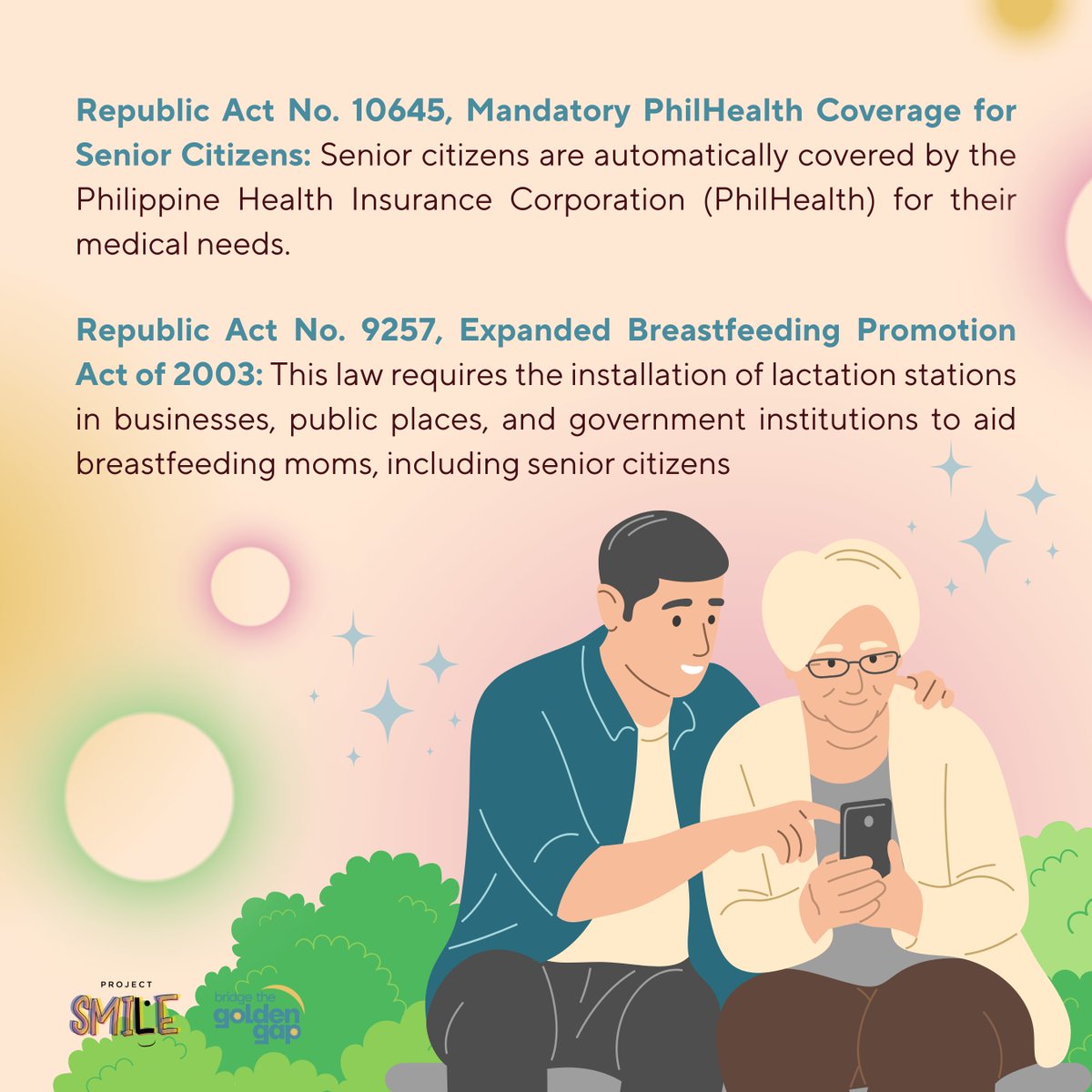 ProjectSMILE_PH's tweet photo. 👵👴 From discounted healthcare to special privileges, our senior citizens enjoy a life of dignity and respect. Our senior citizens are afforded comprehensive rights and privileges under existing policies.

(2/3) https://t.co/N7dCbT8imk