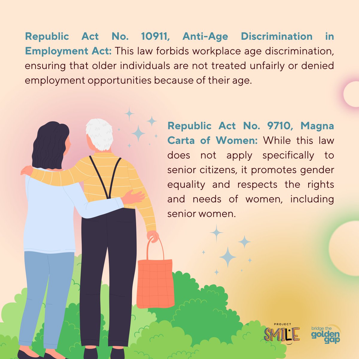 ProjectSMILE_PH's tweet photo. 👵👴 From discounted healthcare to special privileges, our senior citizens enjoy a life of dignity and respect. Our senior citizens are afforded comprehensive rights and privileges under existing policies.

(2/3) https://t.co/N7dCbT8imk