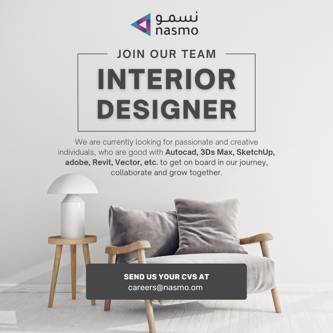 nasmo_int's tweet photo. 📢 ATTENTION 

We are hiring INTERIOR DESIGNER

Email us your CVs and portfolio at
career@nasmo.om 

#interiordesign #designer #job #opportunity #explore #experience #architecture #3dmodeling #oman #muscat #nasmointernational https://t.co/q4M9an8DCn