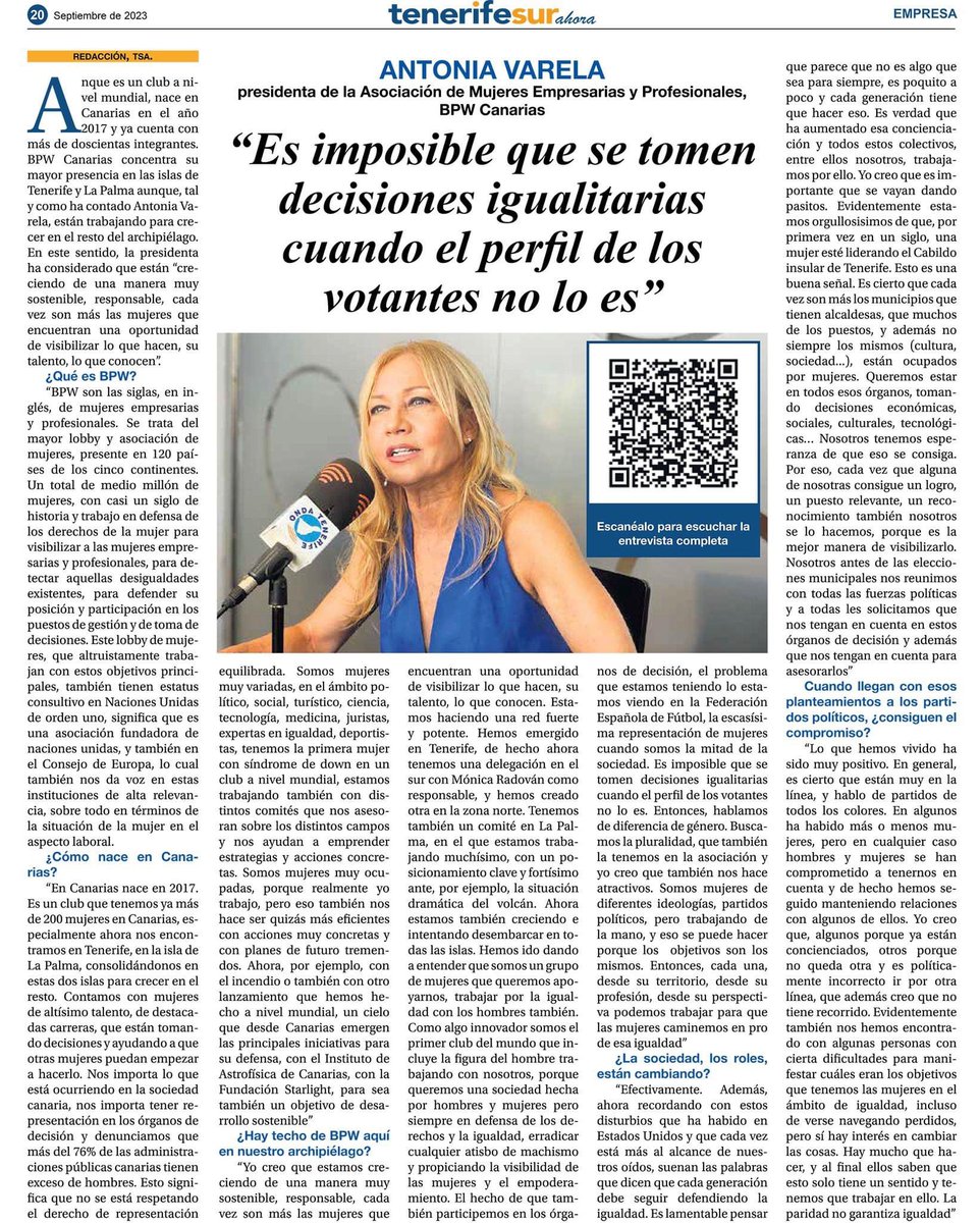 📰 Fruto del acuerdo con Tenerife Sur AHORA, en el número de septiembre aparece publicada una entrevista a nuestra presidenta Antonia Varela. 
#juntasAvanzamosMás #LaOlaAmarilla