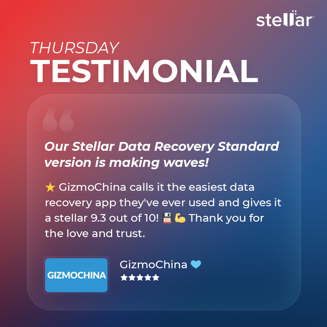 stellarinfo's tweet image. Absolutely thrilled! 🌟 
GizmoChina awards Stellar Data Recovery Standard with 9.3/10 rating! It&apos;s the easiest data recovery app they&apos;ve ever used. Your love and trust mean the world to us! 💾💙 #StellarDataRecovery #GizmoChinaReview #DataRecovery #TechLove #Askstellar