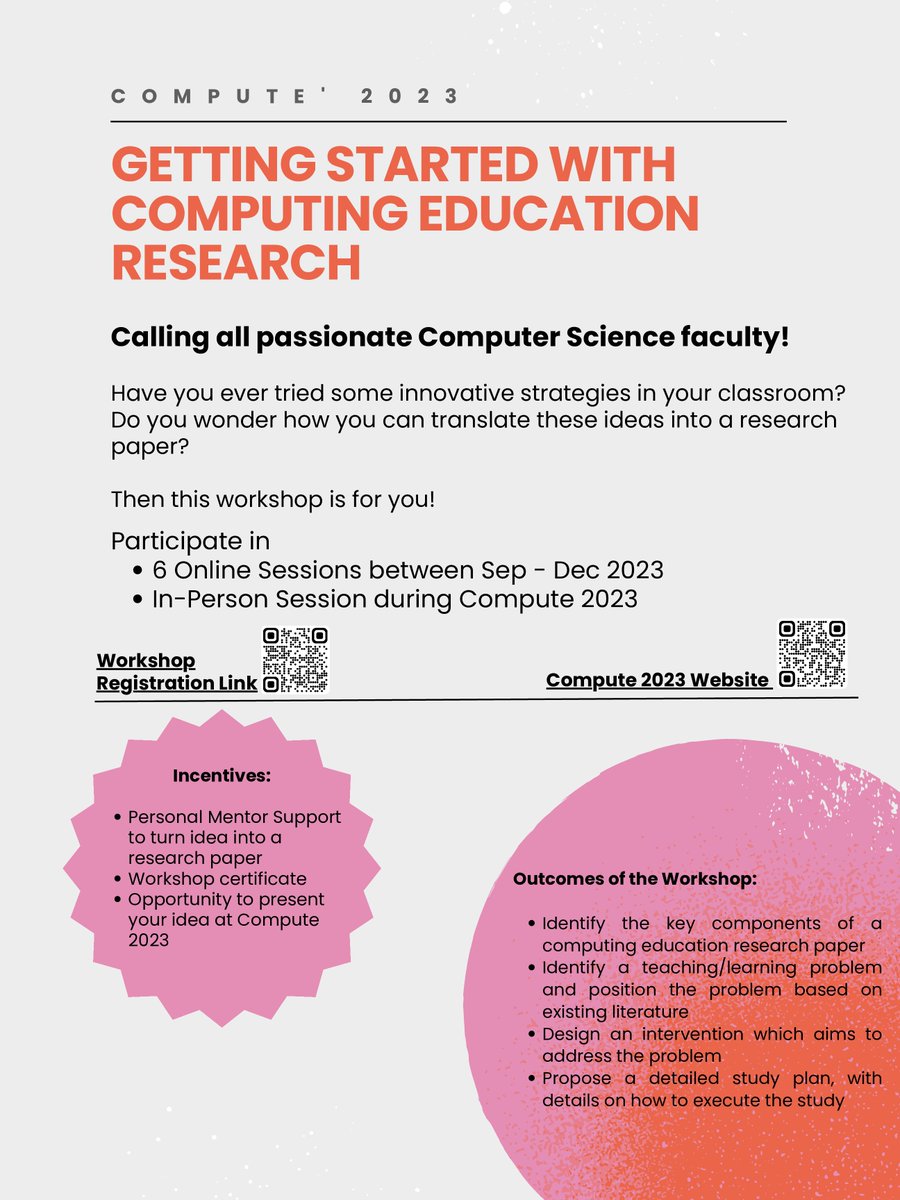 isigcse's tweet image. Compute 23: Organizing a workshop in Compute 2023 - Getting Started with Computing Education Research
6 online sessions between Sep - Dec 2023
In-Person Session during Compute 2023, Hyderabad.
More info at : event.india.acm.org/compute/worksh…