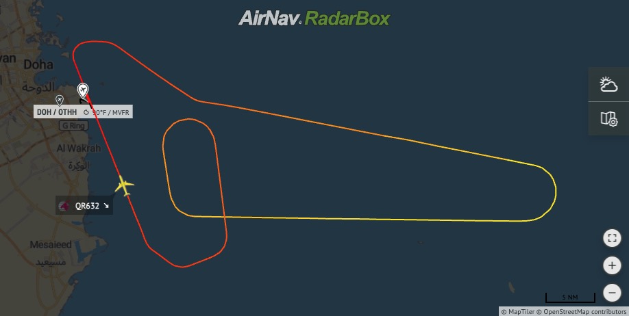 airlivenet's tweet photo. Earlier today, Qatar Airways #QR614 to
Islamabad declared an emergency and returned to Doha after takeoff https://t.co/CZCF28StF4 @RadarBoxCom https://t.co/N5Fe0OPv0G