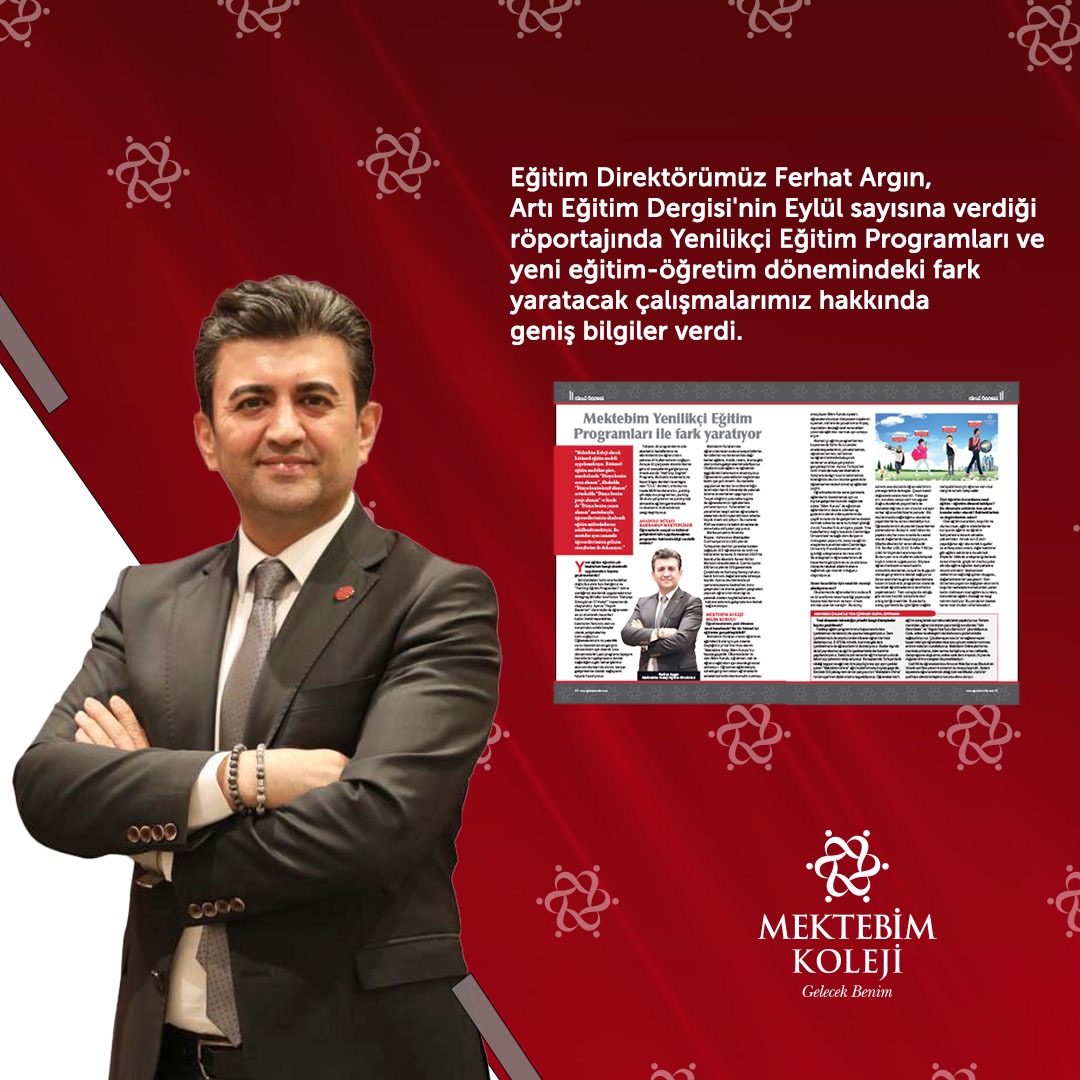Eğitim Direktörümüz Ferhat Argın, Artı Eğitim Dergisi'nin Eylül sayısına verdiği röportajında Yenilikçi Eğitim Programları ve yeni eğitim-öğretim dönemindeki fark yaratacak çalışmalarımız hakkında geniş bilgiler verdi. <a href="/ferhatargin/">Ferhat Argın</a>
