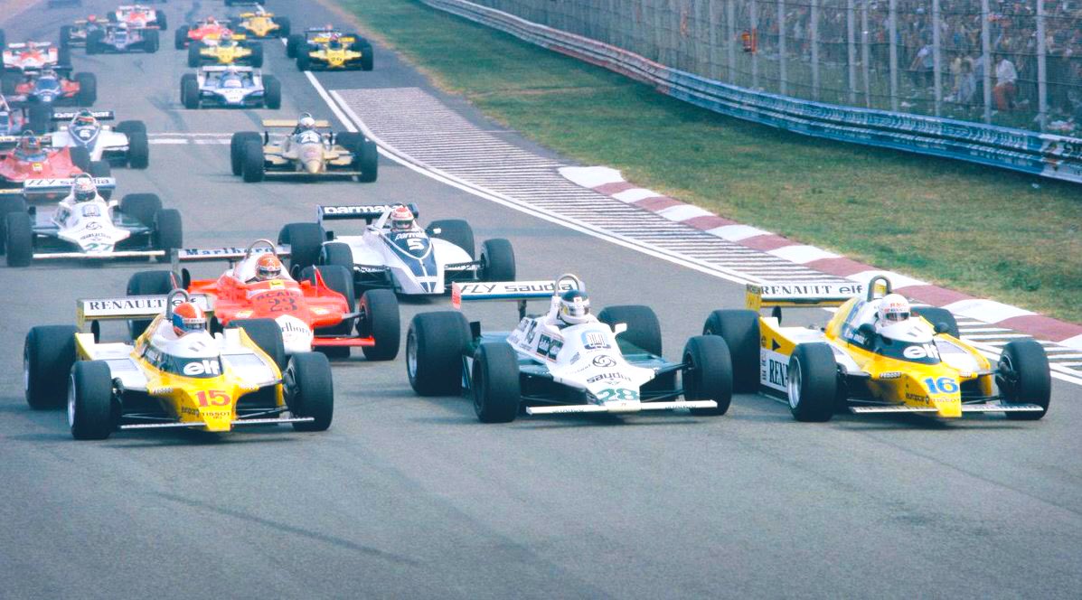 Since the #F1 world championship began in ’50, the #ItalianGP has been an ever-present annual fixture. It has been held at Monza every year except ’80, when it was held at Imola. Pic: #OnThisDay 43 years ago Jabouille (car #15), Reutemann (#28) & Arnoux (#16) lead on lap 1.