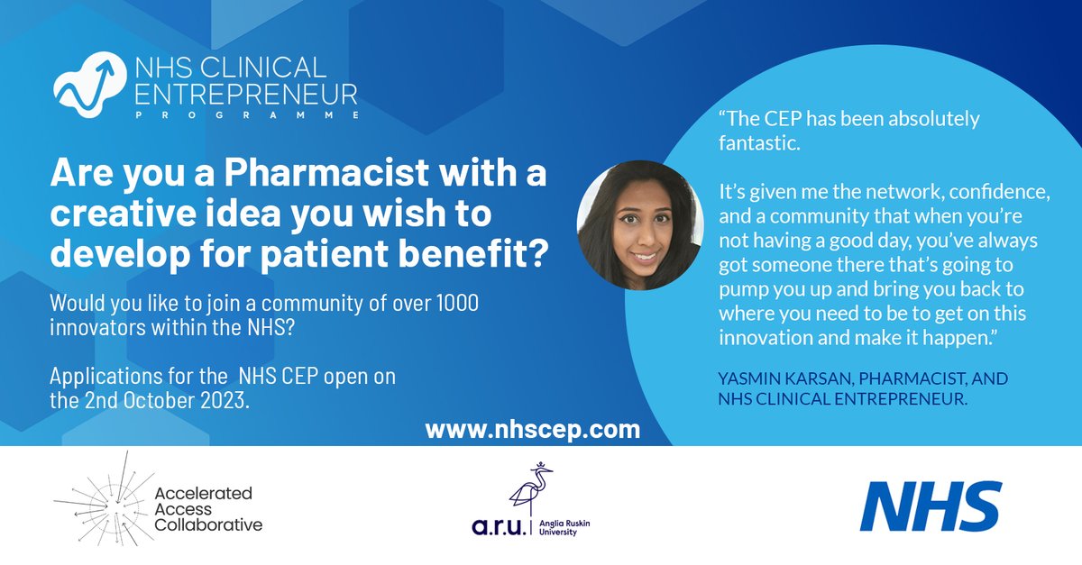 NHS Clinical Entrepreneur Programme (@nhs_cep) on Twitter photo Calling all Pharmacists! Do you have a creative idea you wish to develop for patient benefit? Would you like to join a community of over 1000 innovators within the NHS? The NHS CEP will open for applications from the 2nd October 2023.
<a href="/DrTonyYoung/">Tony Young</a> <a href="/ComPharmEngland/">Community Pharmacy England</a> <a href="/rpharms/">Royal Pharmaceutical Society</a> Calling all Pharmacists! Do you have a creative idea you wish to develop for patient benefit? Would you like to join a community of over 1000 innovators within the NHS? The NHS CEP will open for applications from the 2nd October 2023.
<a href="/DrTonyYoung/">Tony Young</a> <a href="/ComPharmEngland/">Community Pharmacy England</a> <a href="/rpharms/">Royal Pharmaceutical Society</a>