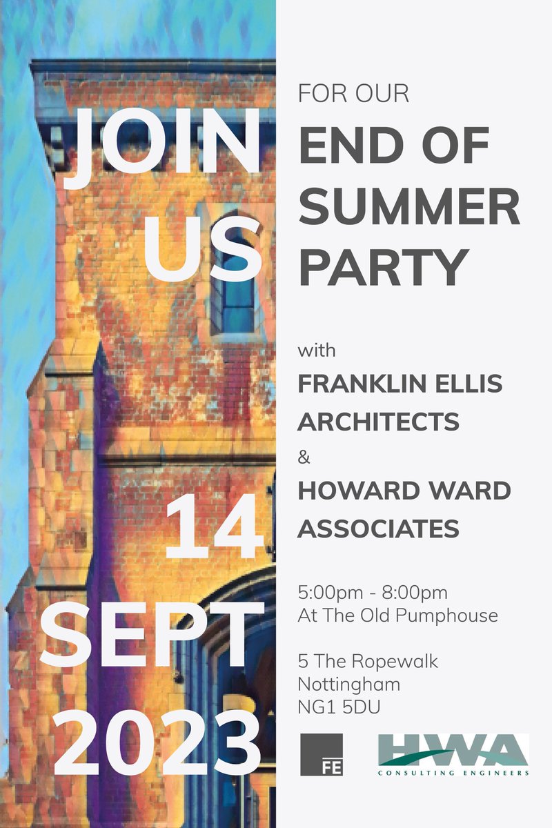 Howard Ward Associates Ltd (@hwaengineers) on Twitter photo Today's the day, our summer party held jointly with <a href="/FEArchitects/">Franklin Ellis Architects</a> at their offices on The Ropewalk in Nottingham. We look forward to seeing you there. Today's the day, our summer party held jointly with <a href="/FEArchitects/">Franklin Ellis Architects</a> at their offices on The Ropewalk in Nottingham. We look forward to seeing you there.