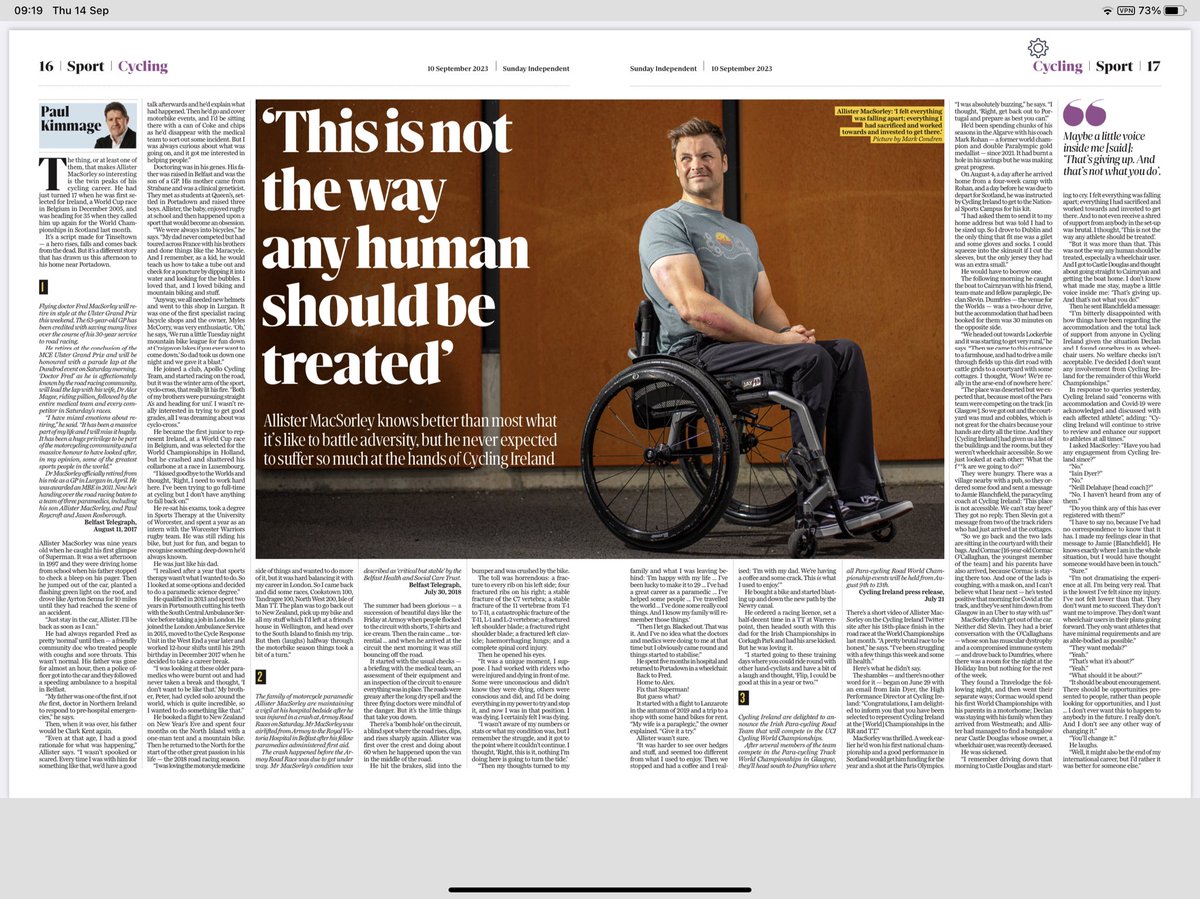 fstewart229's tweet photo. @Tanni_GT I know you are incredible advocate for para cycling and disability in general. Wasn’t sure if you had seen this article about the appalling treatment of Irish cyclists at the recent UCI. Thought you would be shocked. https://t.co/FYrhwkTNM0