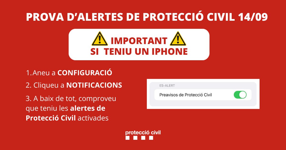 emergenciescat's tweet photo. 📲🔔 Prova del sistema d'alertes al mòbil de #ProteccioCivil

⚠⚙ Configura el teu mòbil si utilitzes el sistema IOS https://t.co/1IhVr127tD