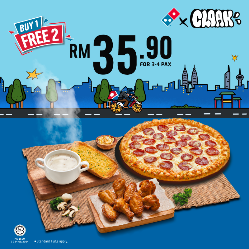 DominosMY's tweet photo. Jom fam, enjoylah Domino’s Buy 1 Free 2 with our new and improved mushroom soup &amp; garlic bread! Free delivery pun tau 🍕🏍️💨