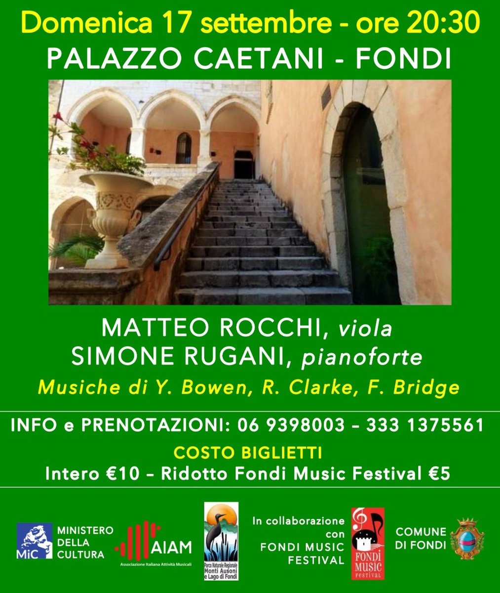 Nuovo appuntamento al Palazzo Caetani di Fondi in collaborazione con il Fondi Music Festival diretto da Gabriele Pezone, il Parco dei Monti Ausoni e il Comune di Fondi
*
<a href="/FondiMusic/">Fondi Music Festival</a>
<a href="/GabrielePezone/">Gabriele Pezone</a>
<a href="/parcoausoni/">Parco Monti Ausoni</a>